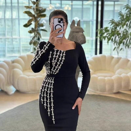 Cross-Border European and American New Hot-Selling Bandage Dress Heavy-Duty Nail Drill Slim Long-Sleeved High-Definition Evening Dress for Women