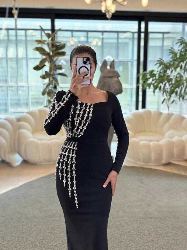 Cross-Border European and American New Hot-Selling Bandage Dress Heavy-Duty Nail Drill Slim Long-Sleeved High-Definition Evening Dress for Women