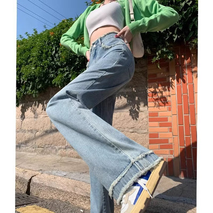 light blue Straight Leg Jeans Women's Trendy All-match New High Waist Loose Narrow American Style Retro Wide Leg Long Pants