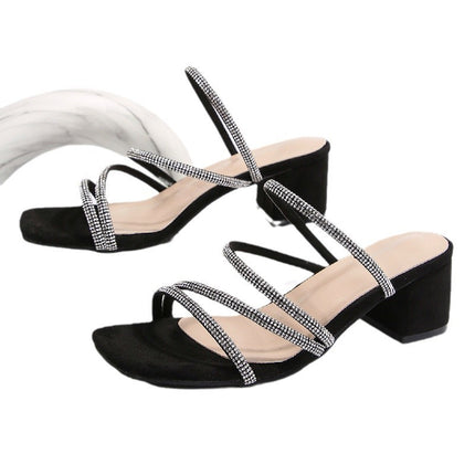 Foreign trade sandals women's 2025 new plus size high heel women's shoes fashion thick heel square head rhinestone two wear women's sandals