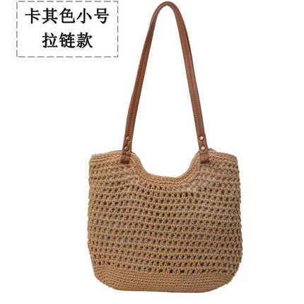 New Shoulder Straw Woven Bag Women's Cotton Threads Hand Woven Bag Large Capacity Tote Bag Holiday Style Beach Bag Women's Bag