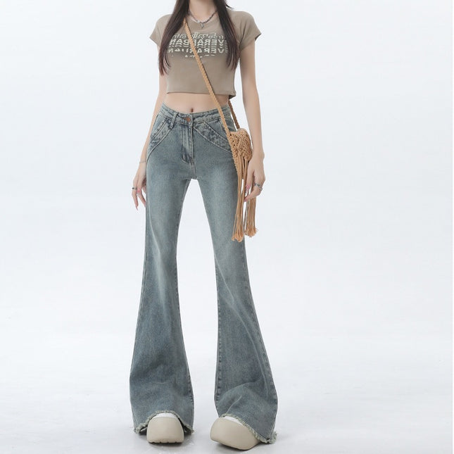 Women's Jeans Autumn New Vintage Color Flared High-Waisted Pear-Shaped Figure Frayed Slimming Bell-Bottom Pants