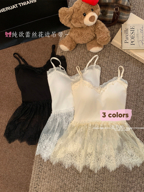 1085# V-Neck Elegant Lace Skirt Beautiful Camisole Autumn and Winter Fart Curtain Stitching Mesh Sleeveless Top