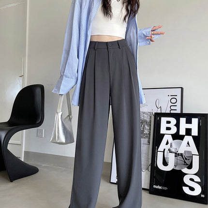 Gray Suit Pants for Women Spring and Summer New High-Waisted Double Pleated Slim Floor-Length Trousers Casual Straight Wide-Leg Pants