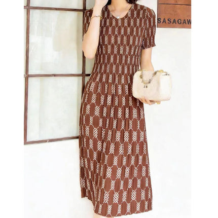 Miyake pleated 2025 summer new temperament round neck printed pleated skirt fashion waist thin magic dress