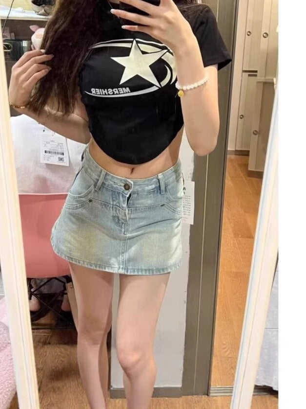 American Retro Denim Skirt for Women, Summer High-Waisted Anti-Exposure A-Line Skirt, Petite Tummy-Concealing Slimming Short Skirt