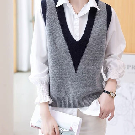 Woolen sweater knitted vest for women 2023 Autumn New sleeveless stacked color matching V-neck wool warm vest waistcoat