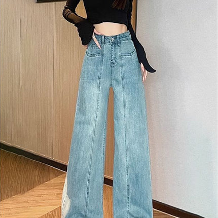 light blue Wide Leg Jeans Women's Spring 2025 New High Waist Flesh Covering Stretch Design Sense Mop Pants