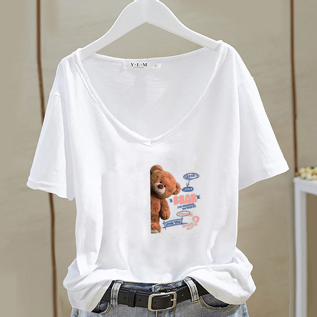 V-neck T-shirt Women's Cotton 2025 White Cartoon Short-sleeved regular Loose Printed Commuting Solid Color Base Shirt Trendy