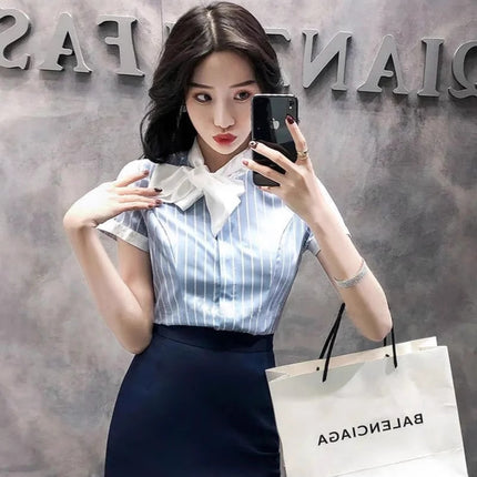 Front Desk Reception Work Wear High-End Business Attire Suit Women's Shirt Flight Attendant Stripesd Bow Business Attire Workwear