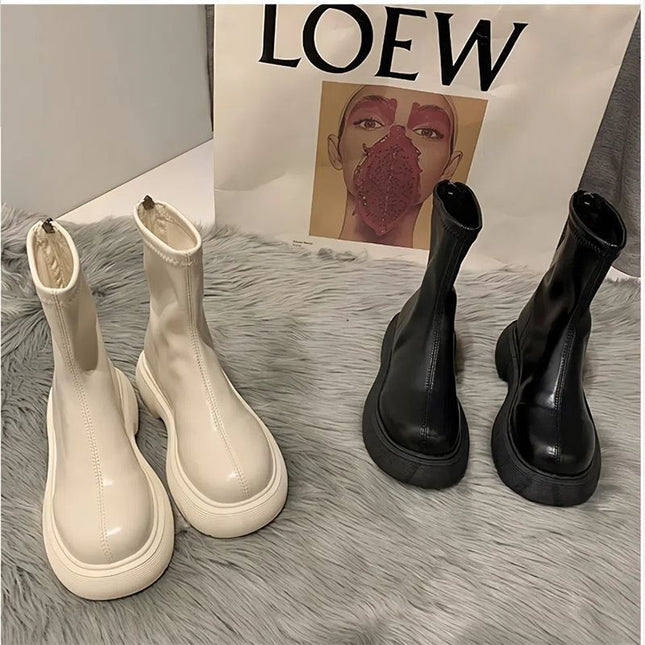 New Products, New Small Leather Boots for Women, Thick-Soled Outer Wear, New Mid-Calf Boots, 2025 Spring & Fall New Round-Toe Back Zipper Short Boots