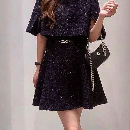 M Home~2025 Spring Sequined French Black Cropped Jacket with Vest Dress Small Fragrant Style Suit Short Style