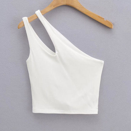 2024 New Summer Style European and American Short Sexy One-Shoulder Double Shoulder Cut Out Slim Vest Top