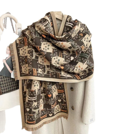 New Double-Sided Scarf for Women with Cute Cats, Thickeneded Imitation Cashmere Shawl for Winter, Knitted Warm Scarf, Versatile