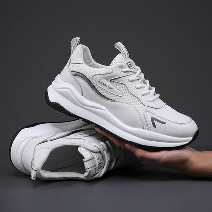 Genuine Leather Sports Shoes for Men, Summer Mesh Breathable White Sneakers, Versatile Thick-Soled Dad Shoes 1663 with Breathable Mesh
