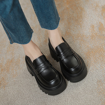 Women's 2025 New Style Thick-Soled Loafers with 12cm Height Increase for Small People, Super High-Heeled British Style Small Leather Shoes