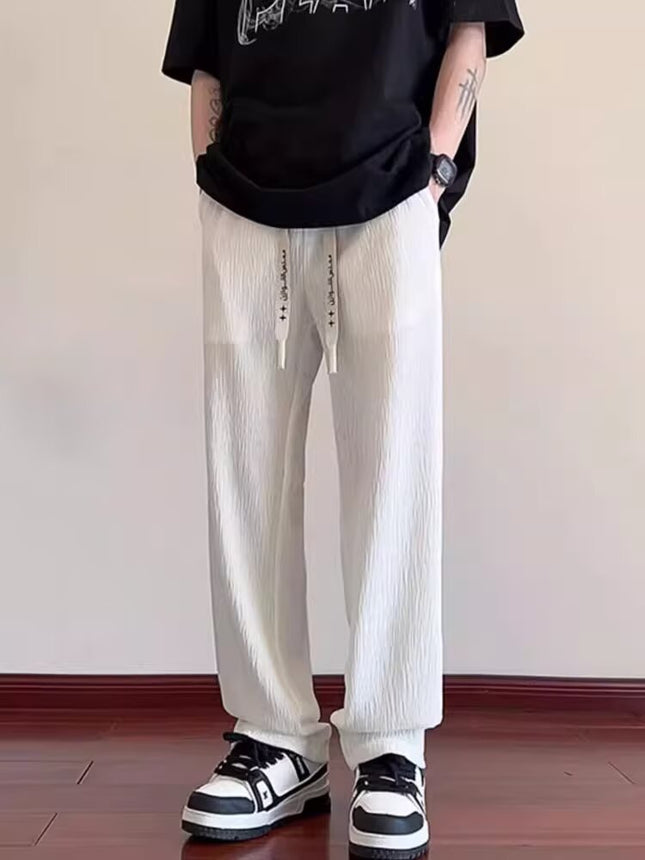 Pleated Casual Pants Men's Summer 2025 New Straight Wide-Leg Pants Youth Drawstring Ins Draped Floor-Length Pants