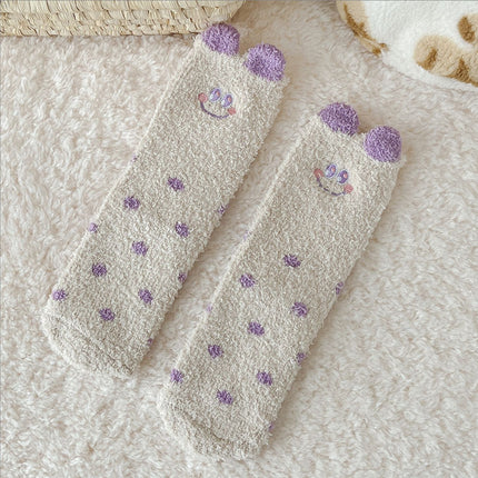 Coral Fleece Socks for Women, Mid-Calf, Winter Warm Thickened Maternity Socks, Three-Dimensional Plush Cartoon Home Floor Socks