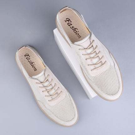 Men's Shoes 2025 Summer New Men's Fly-Woven Mesh Breathable Hollow Leather Shoes Deodorant Feet Flats Wear-Resistant Casual Shoes