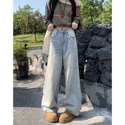 Design Sense Light Color Wide Leg Jeans Women's Autumn and Winter 2024 New Style Straight Tube Loose High Waist Slimming Pants
