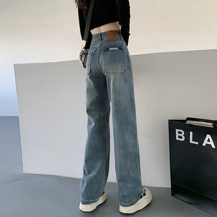 3301# High waist retro blue straight jeans women's design loose slimming draping mop long pants 1