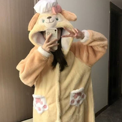 Butter Cake Chef Dog Pajamas Women's Winter Coral Fleece Thickened fleece-lined Winter Long Nightgown Home Clothes suit