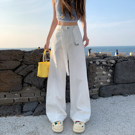 Vintage Belt Wide Leg Jeans Women's 2025 Summer New Style Straight Loose High Waist Dosing Slim-fit Mop Pants