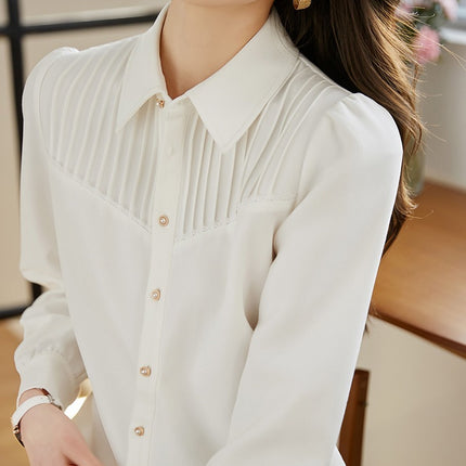 French Style Organ Pleated White Shirt Women's 2025 Spring Long Sleeve Design Sense Niche Chic Top Elegant Shirt