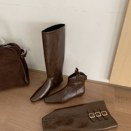 Women's Winter Boots 2025 New Square Toe Chunky Wedge Two-Way Retro Riding Boots Soft Sole Brown Leg Sleeve Boots for Women