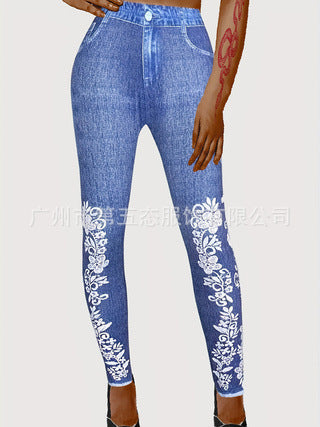 Casual Imitation Denim Printed Leggings