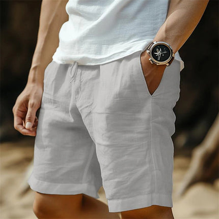 New Cross-Border Cotton and Linen Shorts with Drawstring Elastic Waist, Straight-Leg, Solid Color, Breathable, Everyday Beach Casual Mid-Length Shorts