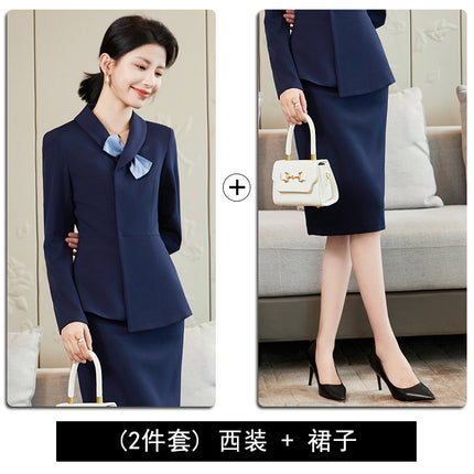 Navy Blue Blazer for Women 2024 Autumn Professional Attire Hotel Front Desk Attendant Formal Suit Work Uniform