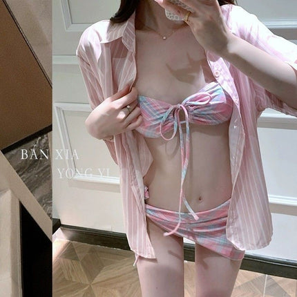 Source Manufacturer Sweet Girl Retro Plaid Sexy Small Breast Halter Simple Tube Top Bikini Split Swimsuit