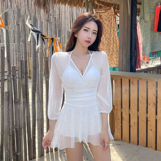 Long-Sleeved Swimsuit for Women 2025 New Sexy Small Breast Push-Up Conservative Belly-Covering Slimming Look Korean Hot Spring One-Piece Swimsuit