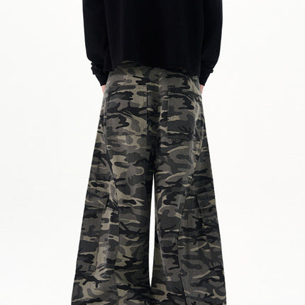 Lktm Men's American Design Multi-Pocket Scimitar Camouflage Cargo Pants Unisex Baggy Silhouette Floor-Length Trousers