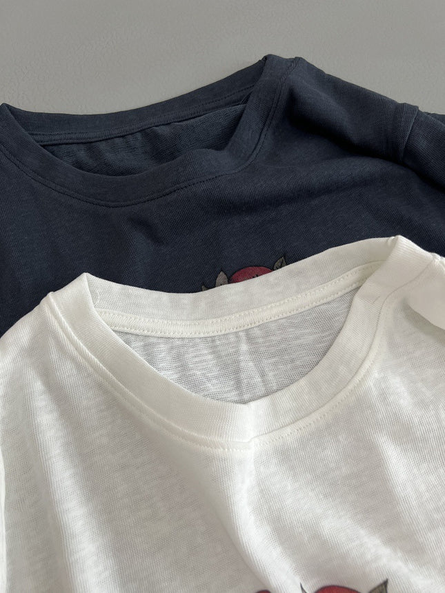 Apple Cat's Textured T-Shirt Summer New Round Neck Printed Casual Style Tee Loose Top Women's Versatile
