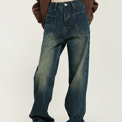 Vintage Mop Pants Girls Spring and Autumn Washed Old Straight Jeans Women's Loose High Street American Pants Ins