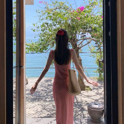 Cooked Cherry Red Plaid Suspender Fishtail Skirt Women's Spring and Summer 2025 New French Style Gentle Seaside Vacation dress