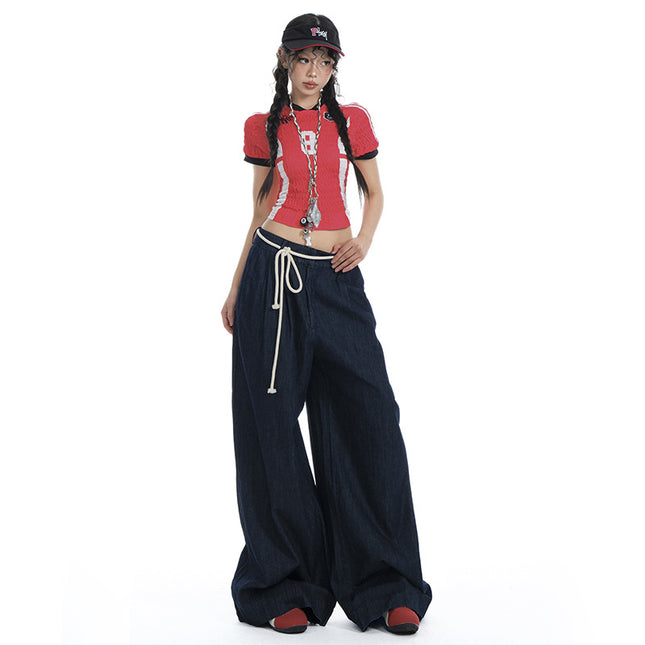 Bumi House Retro Original Cow Color with Drawstring Hot Girl Style Retro Drooping Sense Straight Tube Loose Double Pleated Wide Leg Jeans for Women