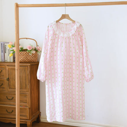Women's Cotton Crepe Long Sleeve Lace Crewneck Nightdress Spring and Autumn Princess Style Seersucker Pajamas Outer Wear Home Dress