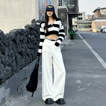 Off-White Double Pocket American Straight-Leg Jeans for Women 2025 Autumn and Winter New High-Waisted Slimming Loose Wide-Leg Pants