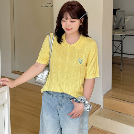 Double Day 2025 Summer New plus size Women's Chubby mmPolo Collar Short Sleeve Twist Simple Knitted Shirt F518