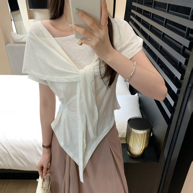 Petite Lazy Linen Cotton Shawl Set for Women Summer 2025 New Waist-Slimming Asymmetrical Short Sleeve Top Two-Piece Set