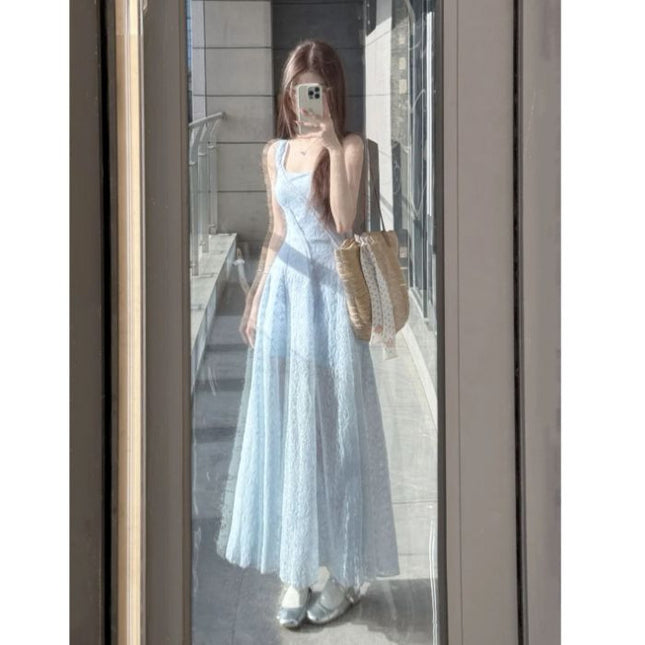 French Blue Square Neck Suspender Dress for Women Summer Seaside Vacation Elegant High-End Waist Slimming Fluffy Long Skirt