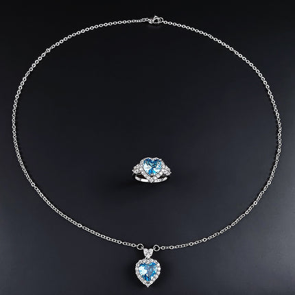 Europe and the United States cross-border foreign trade new trend blue zircon ocean heart pendant ring earrings suit female j7531