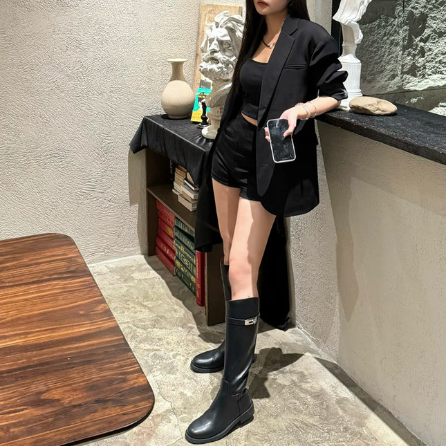 Grape Mom 2024 with Thick Bottom Lock Buckle Long Boots Women's Autumn and Winter Flat Knights Boots New But Knee High Boots
