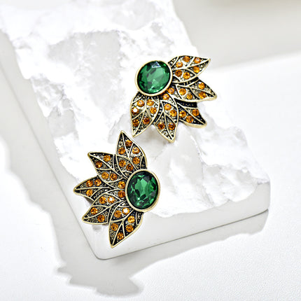 Cross-Border European and American Full Diamond Leaf Earrings Retro Crystal Hd Marking Sea Silver Needle Diamond Leaf Petal Earrings