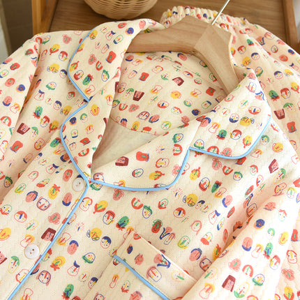 Autumn and Winter Air Cotton Sandwich Pajamas Women's Cardigan Casual Graffiti Baby Printed Fresh and Cute Home Clothes Set