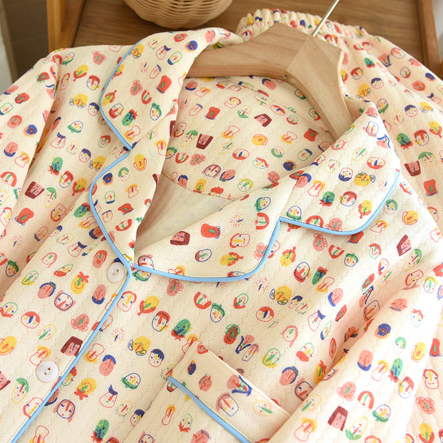 Autumn and Winter Air Cotton Sandwich Pajamas Women's Cardigan Casual Graffiti Baby Printed Fresh and Cute Home Clothes Set