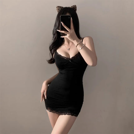 Pure Desire Style Lace Hot Girl's Hip Skirt with Chest Pad Sexy Figure Slim-fit Sling Nightgown Women's Outer Wear